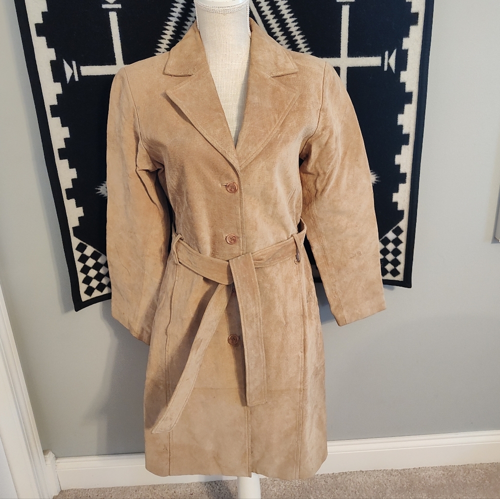 Vintage 90's Bagatelle Genuine Suede Leather Button Front Lined Trench Coat, S/M